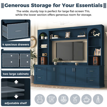 Modern Arched Entertainment Center Wall Unit with Drawers, Farmhouse TV Stand with Cable Holes for TVs Up to 65", Multifunctional All-in-One TV Console with Adjustable Shelves for Living Room, Blue