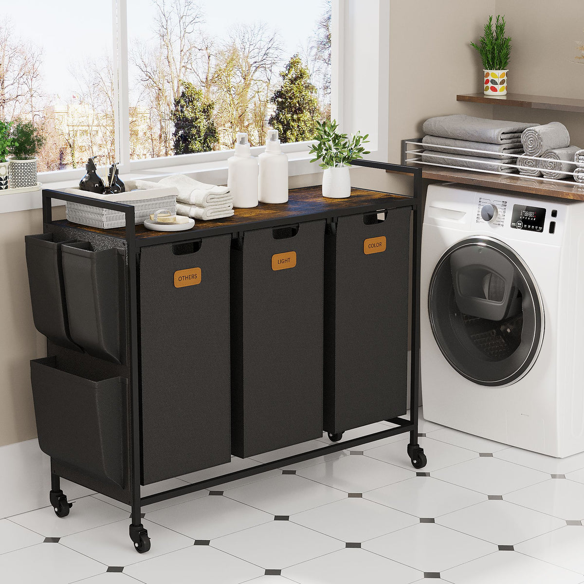 3 Section Laundry Hamper, Laundry Sorter with Wheels, Laundry Basket Organizer with Shelf & 3 Pull-Out Removable Bags, Dirty Clothes Hamper Organizer for Laundry Room Bathroom Dorm ,39.6 gallons(150L)