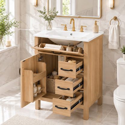 24 Inch Modern Traditional Bathroom Vanity with Ceramic Sink, MDF Cabinet & Solid Wood Legs, Black Zinc Alloy Handles, Wood Grain Melamine Finish
