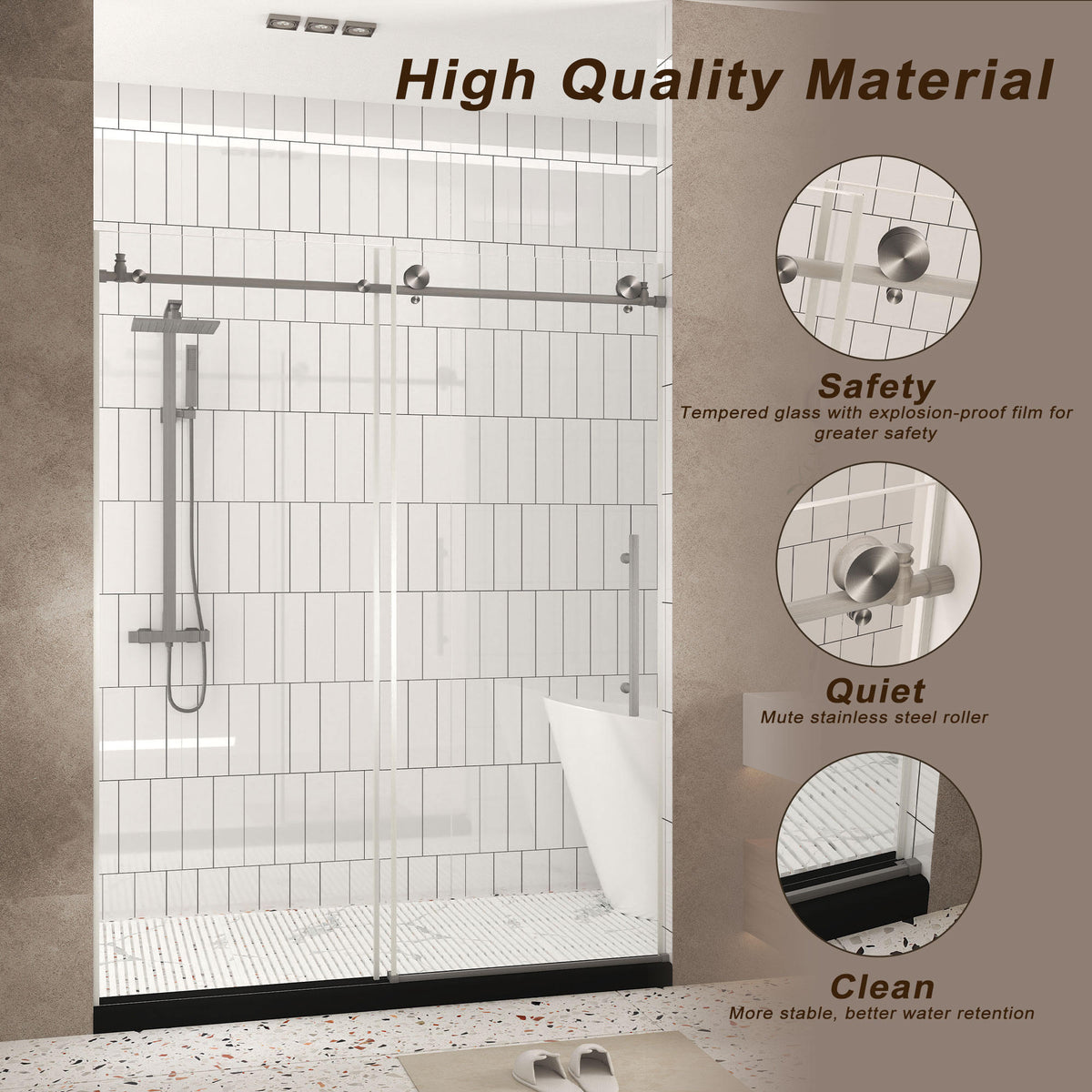 Frameless shower door 56-60 "W x 76" H, 1/4 "(6 mm) Clear Tempered Glass, Explosion Proof Film, Stainless Steel Handle,Brushed Nickel