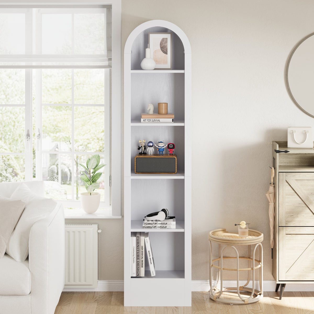 67'H Small Arched Bookcase, Mid Century Modern 5-Tier Arched Storage Bookcase with Open Display Storage Shelf for Dining Room, Living Room,Bedroom, White
