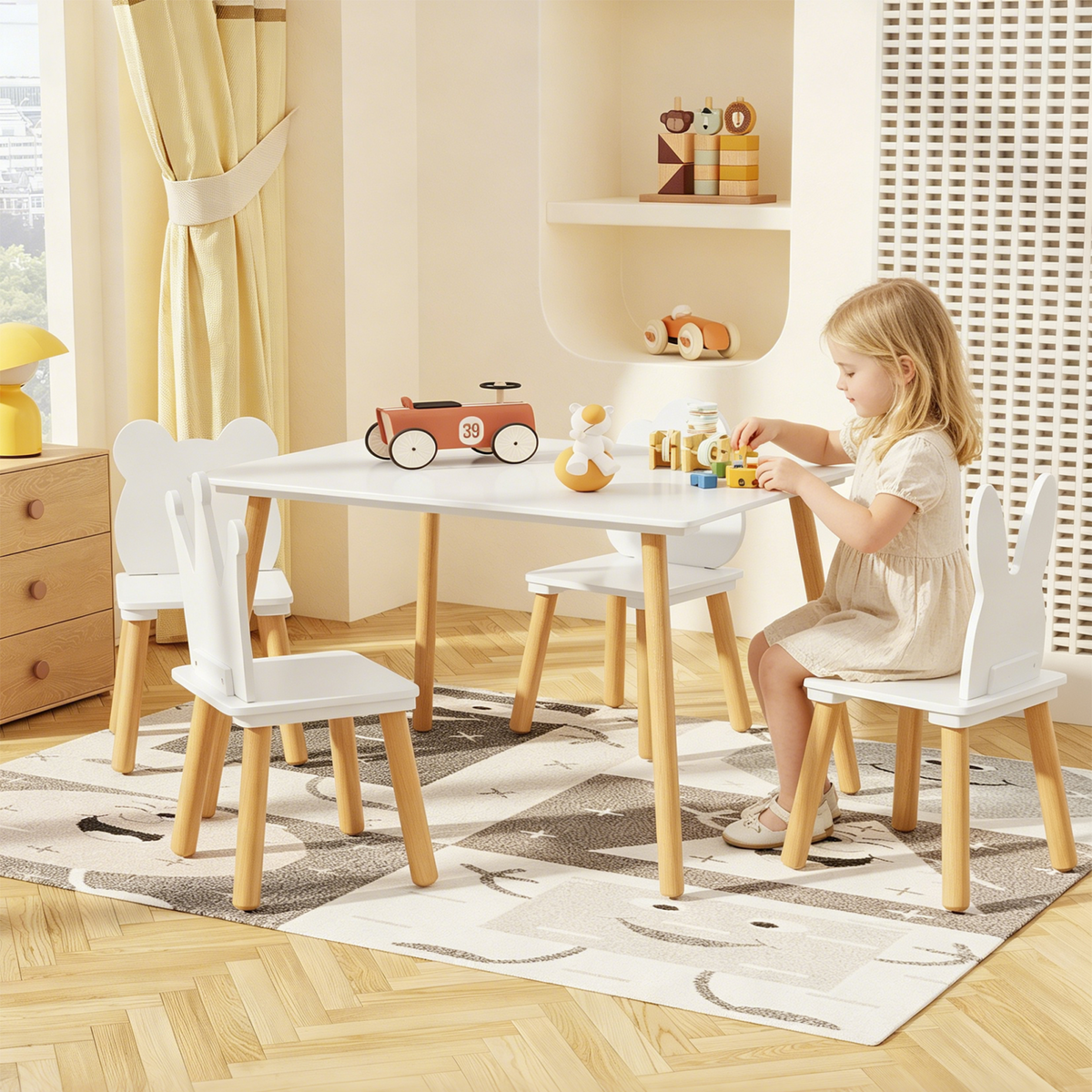 Big Kids Table and 4 Chairs Set, 5 Pieces Toddler Table and Chair Set, Wooden Activity Play Table Set (White)