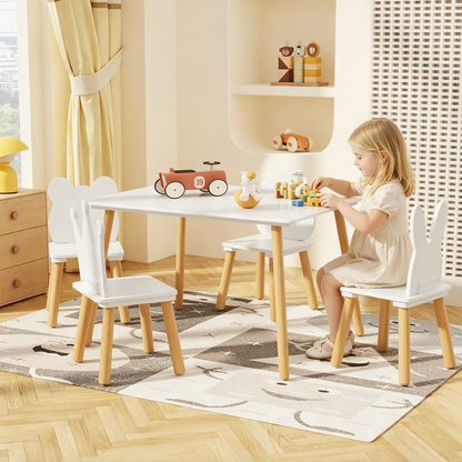 Big Kids Table and 4 Chairs Set, 5 Pieces Toddler Table and Chair Set, Wooden Activity Play Table Set (White)