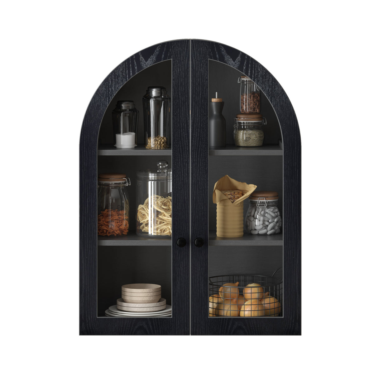 Arched Wall Mounted Cabinet, Wood Veneer Wall Storage Cabinet with Tempered Glass Doors, Adjustable Shelf, Easy Hanging Hardware Included, Decorative Floating Wall Cabinet for Laundry Room, Black