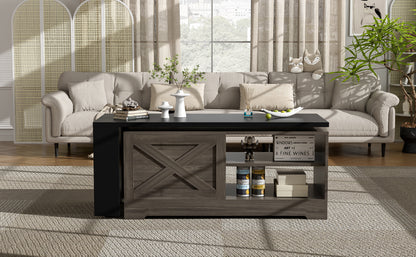 U-Can Farmhouse  Lift Top Coffee Table With Barn Doors, Wood Rectangle Center Table With Large Hidden Storage Space And Open Cabinet, For Living Room, Bedroom, Home Office