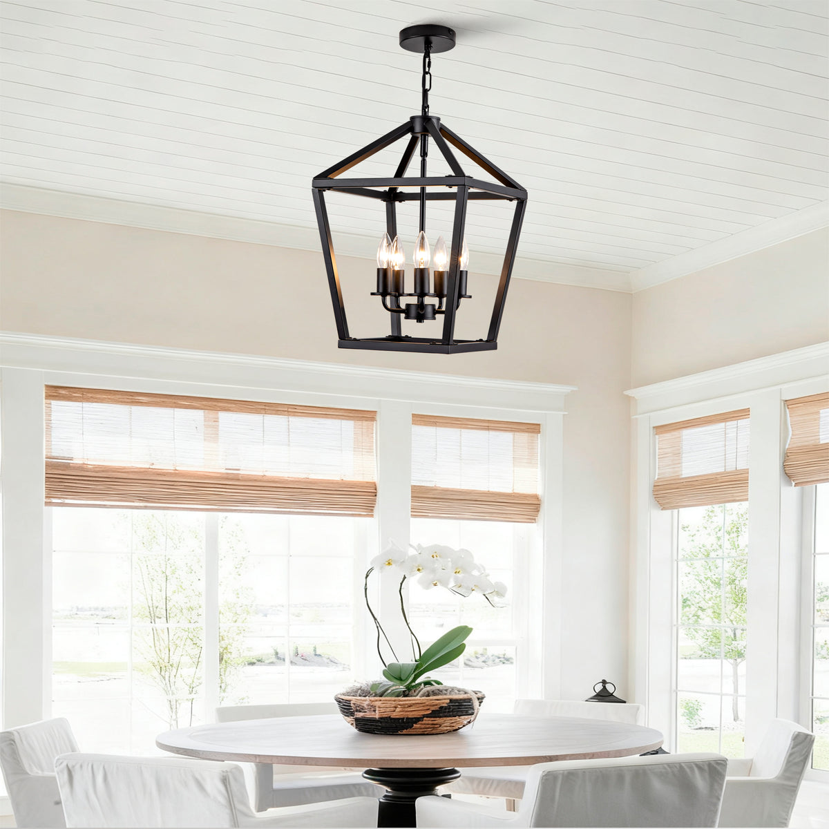 Farmhouse Lantern Chandelier 5-Light, Industrial Black Ceiling Light Fixture with Rustic Open Cage and Adjustable Hanging Height