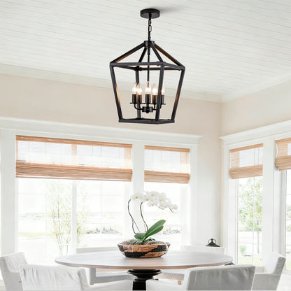 Farmhouse Lantern Chandelier 5-Light, Industrial Black Ceiling Light Fixture with Rustic Open Cage and Adjustable Hanging Height