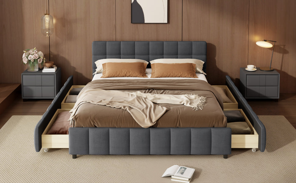 Queen Size Upholstered Platform Bed Frame with 4 Storage Drawers, Block Grid Tufted Headboard, Linen Fabric Padded Bed Frame, Gray