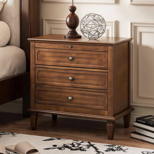 Farmhouse 3 Drawer Nightstand with Charging Station, Wood Dresser Chest of Drawers with USB & Type-C Port & 2 AC Outlets, Vintage Brown Bedside Table, Storage Cabinet for Bedroom Living Room Office, E
