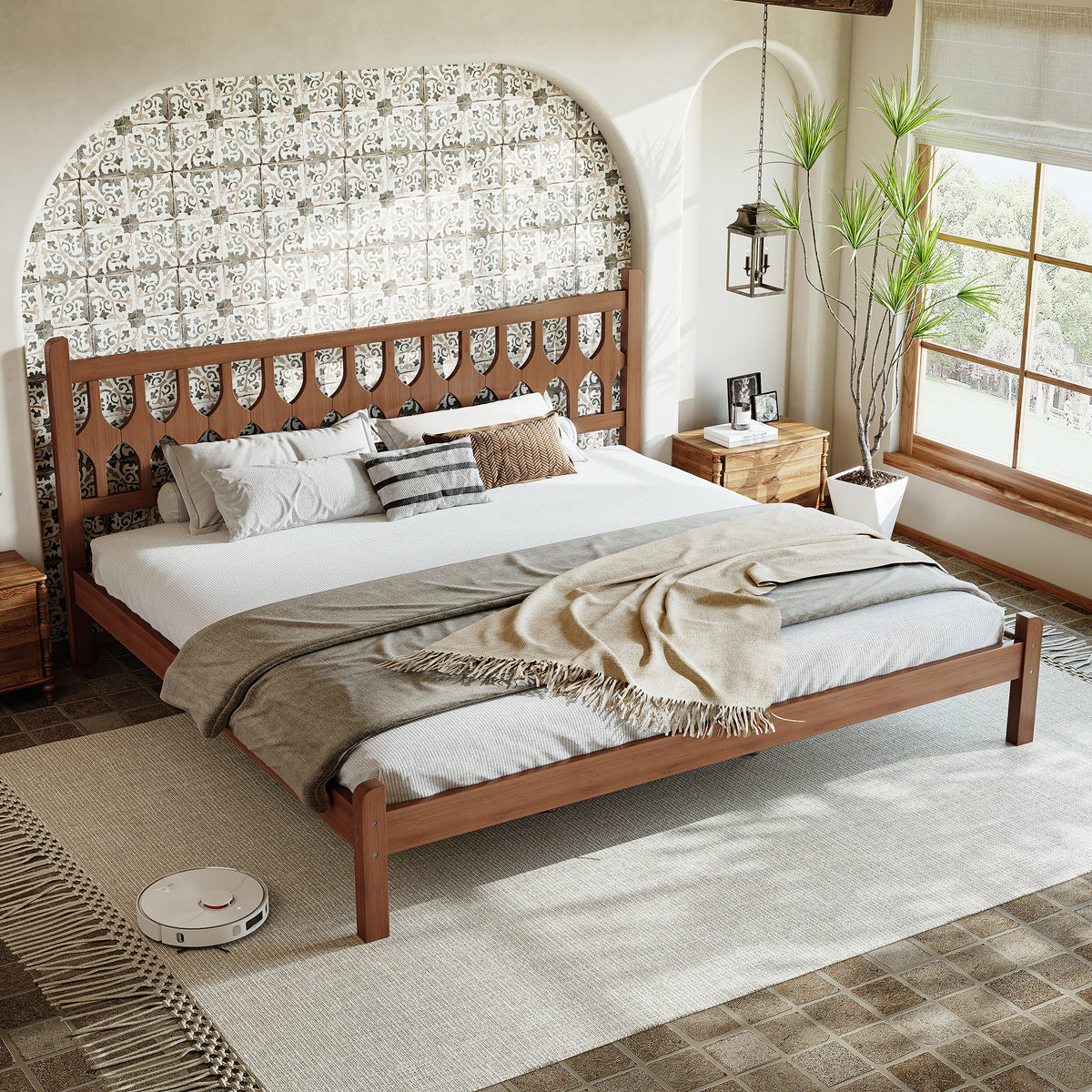 King Size Bamboo Platform Bed with Diamond-shaped headboard, Solid Bamboo-made Bed Frame with Support Slats, for Bedroom, Guest Rooms, Brown