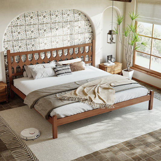 King Size Bamboo Platform Bed with Diamond-shaped headboard, Solid Bamboo-made Bed Frame with Support Slats, for Bedroom, Guest Rooms, Brown