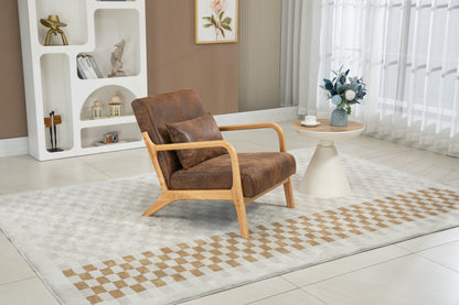 Mid Century Modern Accent Chair with Wood Frame, Upholstered Living Room Chairs with Waist Cushion, Reading Armchair for Bedroom Sunroom – Antique Brown