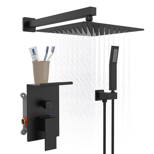 Rainfall Shower System With Storage Rack 10 inch Shower Faucet Set Matte Black with High Pressure with Square Shower Head Luxury Shower Set