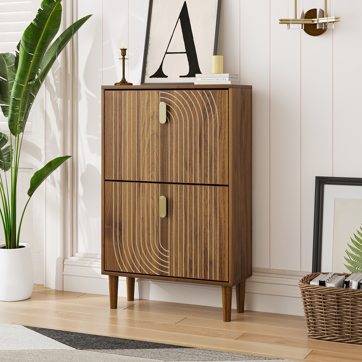 Shoe Storage Cabinet with 2 Flip Drawers,Free standing Shoe  Cabinet with Metal Handles for Entryway,Shoe Rack Cabinet with line groove design,23.6"W