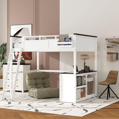 White Queen Size Loft Bed with Desk, Open Shelf, Storage Box and USB Charging Station, Pine+MDF