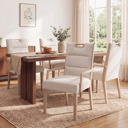 Upholstered Dining Chairs with Armrests, Beige Fabric & Natural Rubber Wood Frame, Set of 2