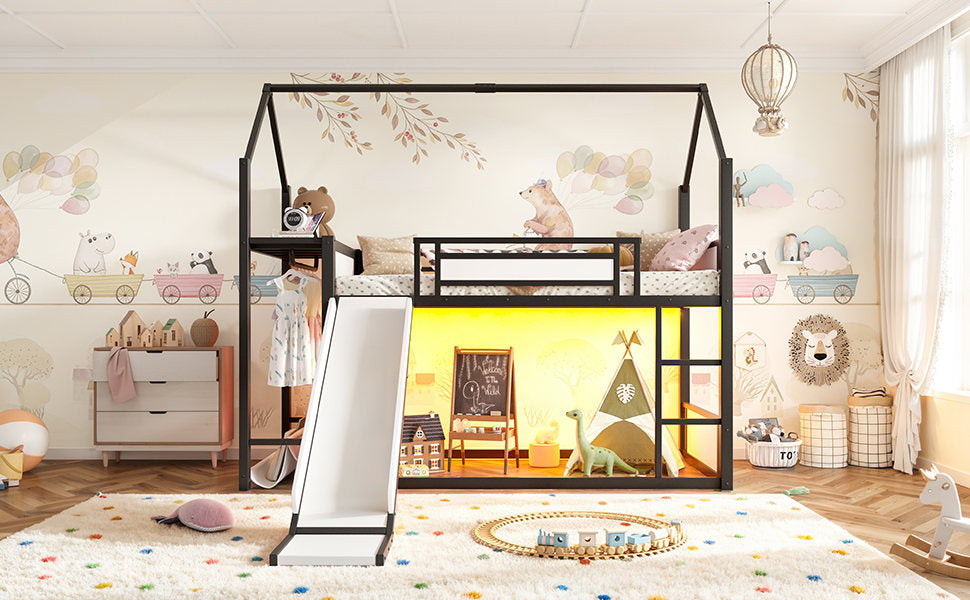 Twin Over Twin Metal Bunk Bed with Slide, LED Clothing Hanging Area, Fabric Storage Shelf & Power Outlet, Childlike Playhouse bunk bed Frame with low-profile design for Kids Girls,boys, Black