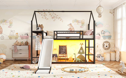 Twin Over Twin Metal Bunk Bed with Slide, LED Clothing Hanging Area, Fabric Storage Shelf & Power Outlet, Childlike Playhouse bunk bed Frame with low-profile design for Kids Girls,boys, Black