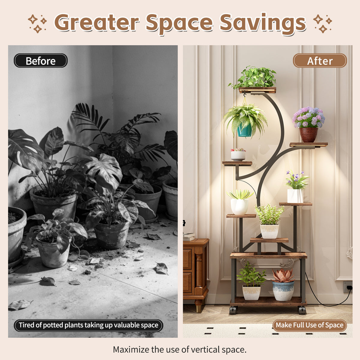 Plant Stand Indoor with Grow Lights - 62" Tall Plant Shelf, Lighted Corner Plant Stands for Indoor Growing, 8 Tiered Large Flower Holder - Walnut Color