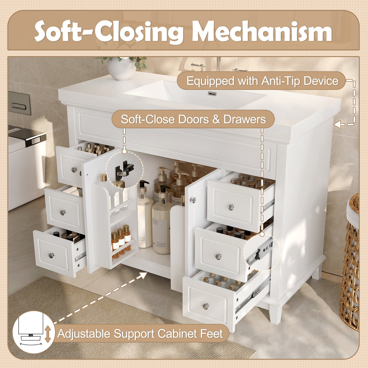 46" Bathroom Vanity without Sink, Cabinet Only, Soft-Close 6 Drawers & Double Doors with 2-Tier Shelves, Solid Pine Legs, White (Same SKU: N759P351752K)