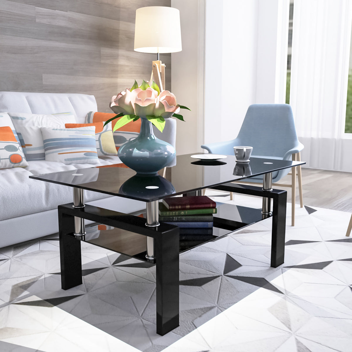 Rectangle Black Glass Coffee Table, Clear Coffee Table, Modern Side Center Tables, Living Room Furniture