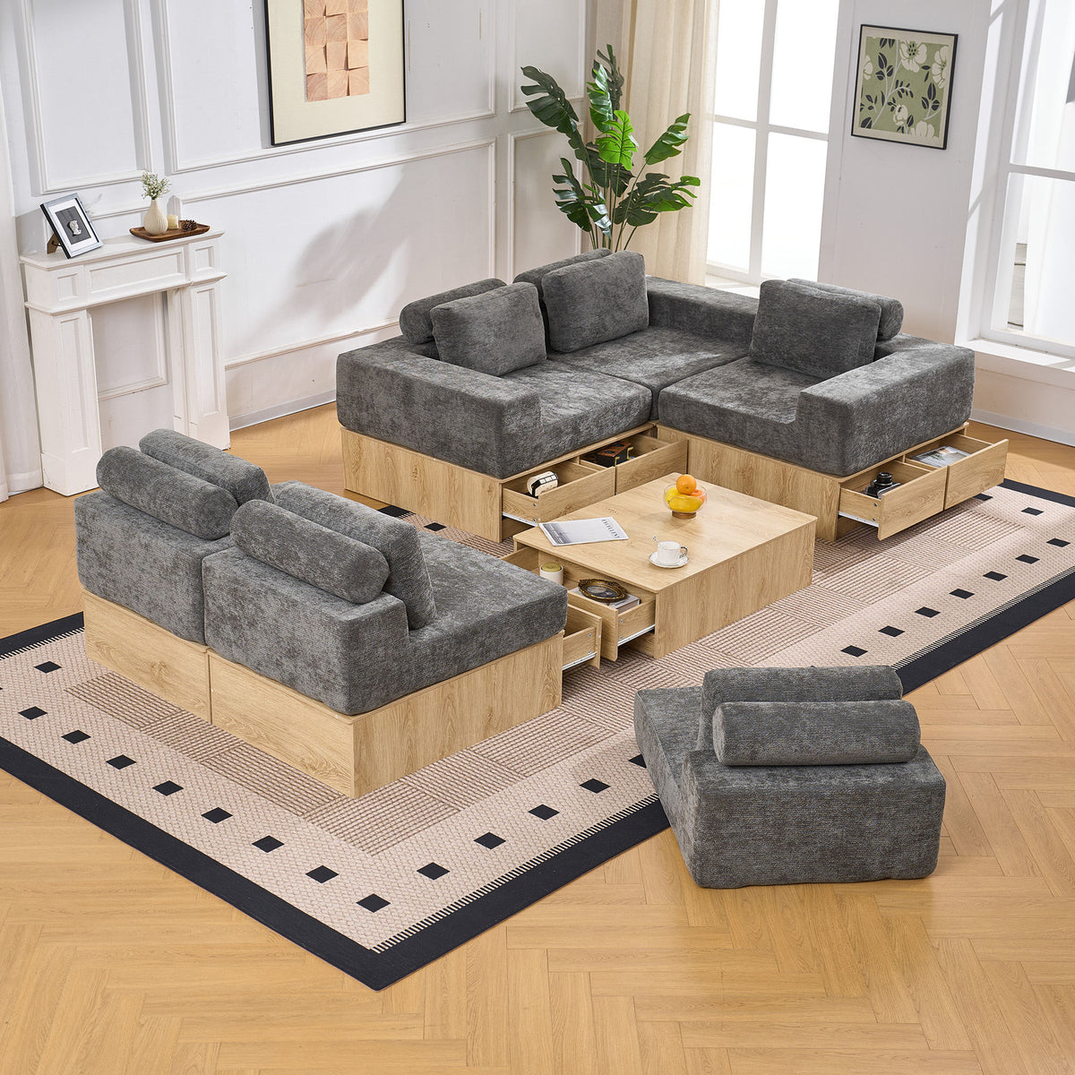 6-seat Modular Sectional Sofa with Storage Drawers, Multi-Functional L-Shaped Couch with Built-In Cabinet Base and Center Table Design, Convertible Combination Sofa Set, Modern Upholstered Sofa