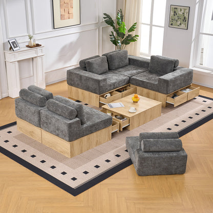 6-seat Modular Sectional Sofa with Storage Drawers, Multi-Functional L-Shaped Couch with Built-In Cabinet Base and Center Table Design, Convertible Combination Sofa Set, Modern Upholstered Sofa