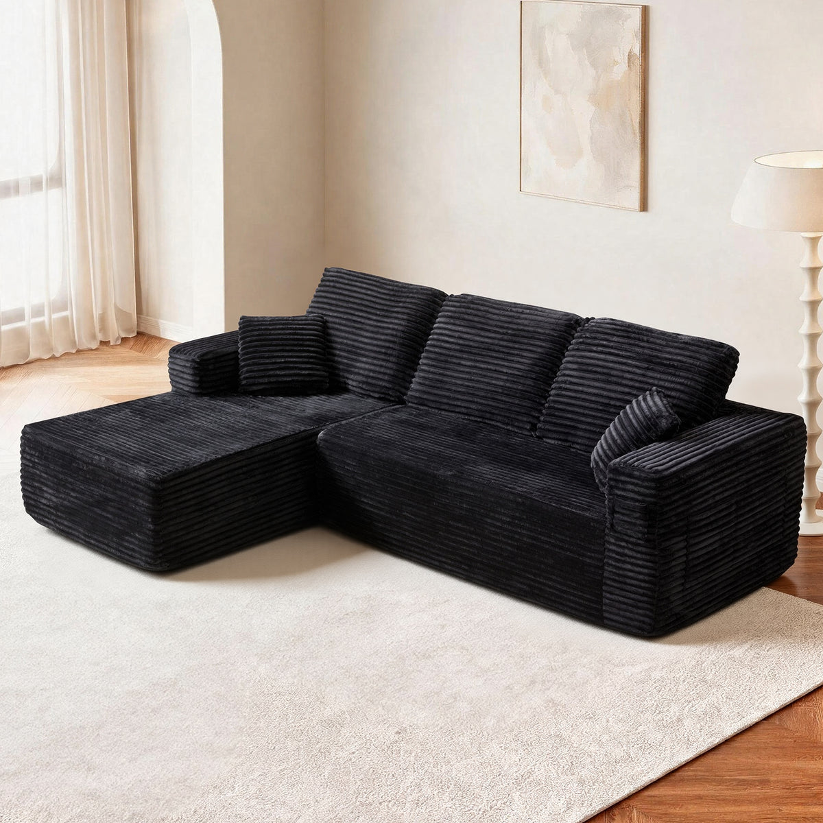 100.39'Cloud Sectional Couch with L-Shape Chaise,Modern Modular Sofa wit Deep Seat,No Assembly Required,Compressed packaging,Pocket spring and Foam,Plush Fabric Black
