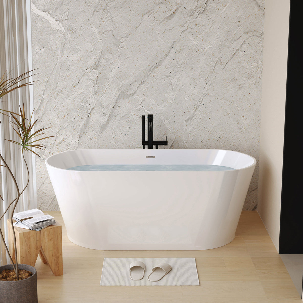 59" Acrylic Freestanding Bathtub, Stand Alone Soaking Tub, Glossy White Acrylic, Toe-tap Chrome Drain, cUPC Certified