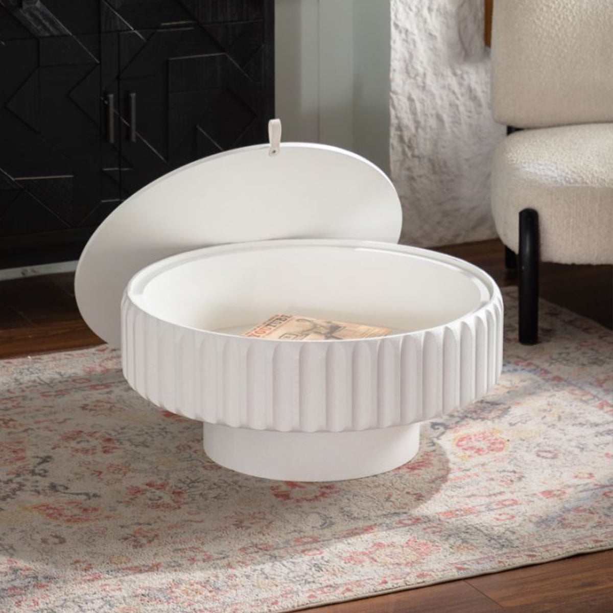 Round Fluted Storage Table with Lift-Off Lid, Sleek Texture, Perfect for Modern Living