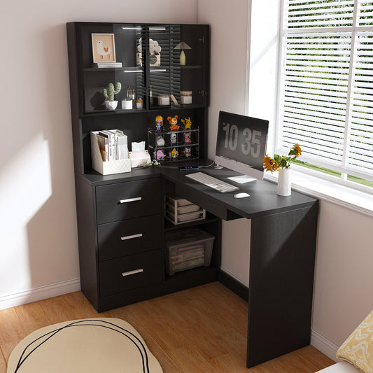 Black L-Shaped Computer Desk with Glass Cabinets, Built-In LED Lights, USB Charging Ports