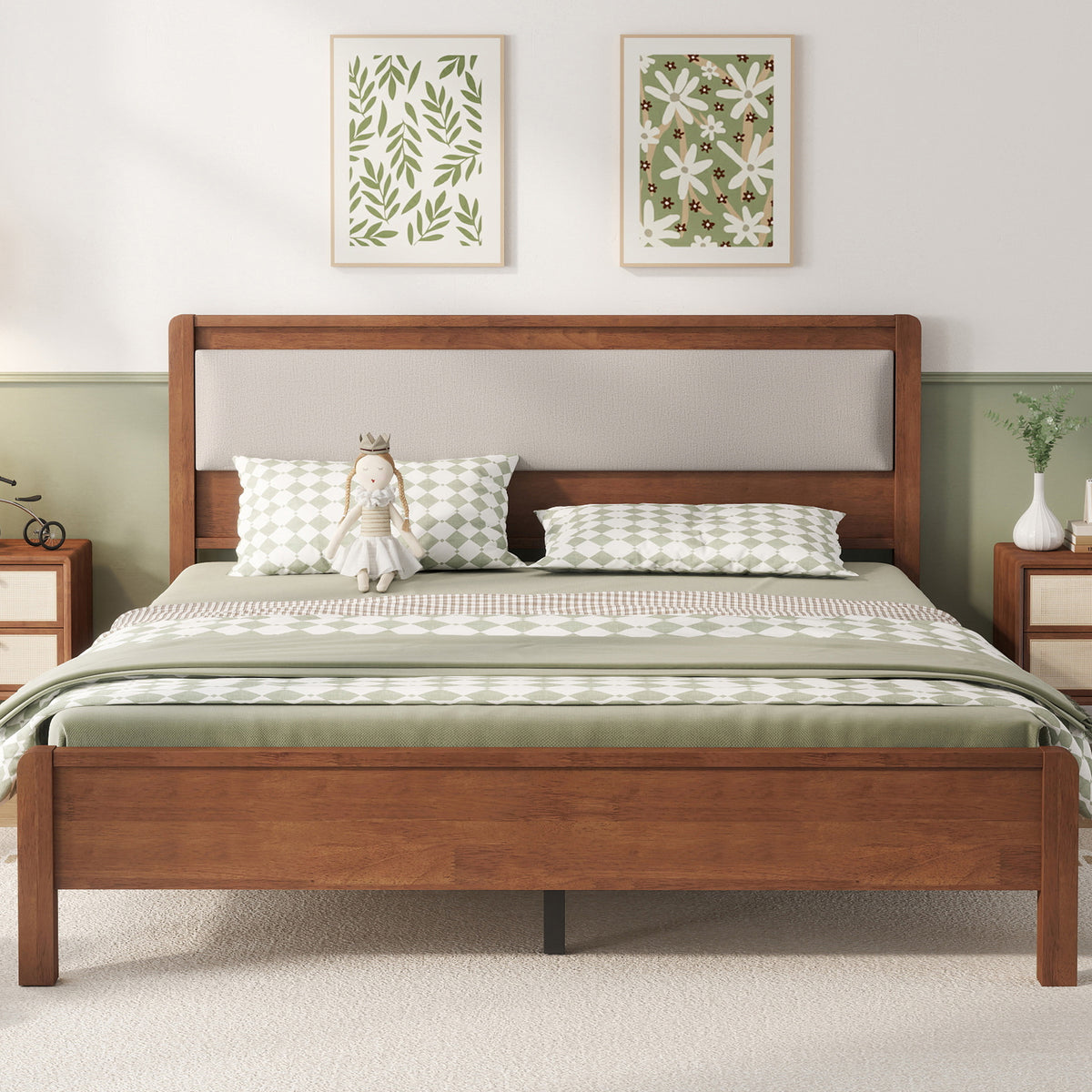 Queen Size, Solid Rubber Wooden Bed with Upholstered Headboard, Reinforced by Central Support Legs,Brown