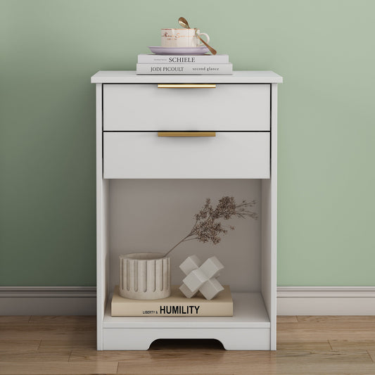 Nighstand With 2 Drawers, End Table, Nightstand with Open Space, Golden Handle, Morden Design, Easy Assemble, White