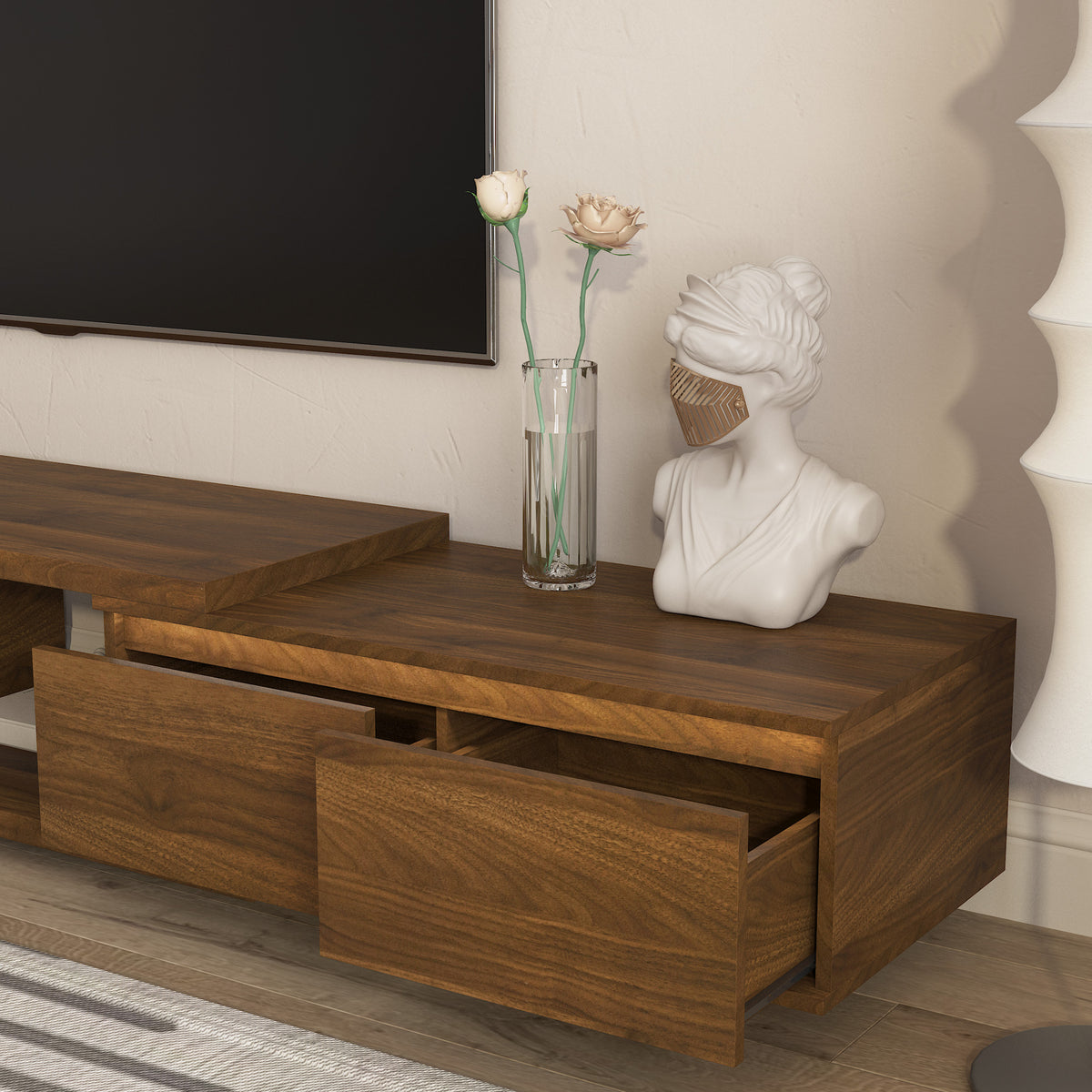 Modern TV Stand with LED Lights , Entertainment Center Wooden TV Stand, TV Stand Desk Media Cabinet with Storage for Living Room Bedroom