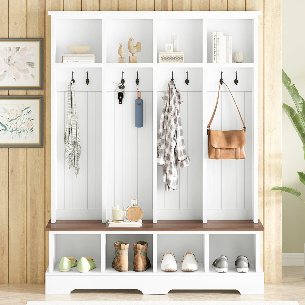 Farmhouse Hall Tree with 8 Hooks, Practical Entryway Bench with Open Compartments, 76.7"H Modern 3-in-1 Wooden Style Coat and Shoe Rack for Mudroom, Living Room, White (OLD SKU: N721S000075K)