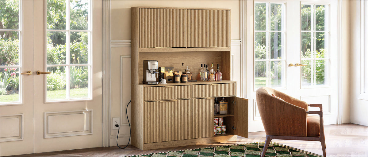 71" Tall Kitchen Pantry Cabinet with Power Outlet, Hollow Open Countertop, Modern Multi-Functional Storage Hutch Cabinet for Dining Room, Entryway and Living Room,Natural