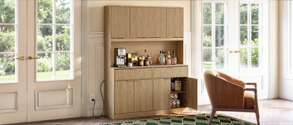 71" Tall Kitchen Pantry Cabinet with Power Outlet, Hollow Open Countertop, Modern Multi-Functional Storage Hutch Cabinet for Dining Room, Entryway and Living Room,Natural