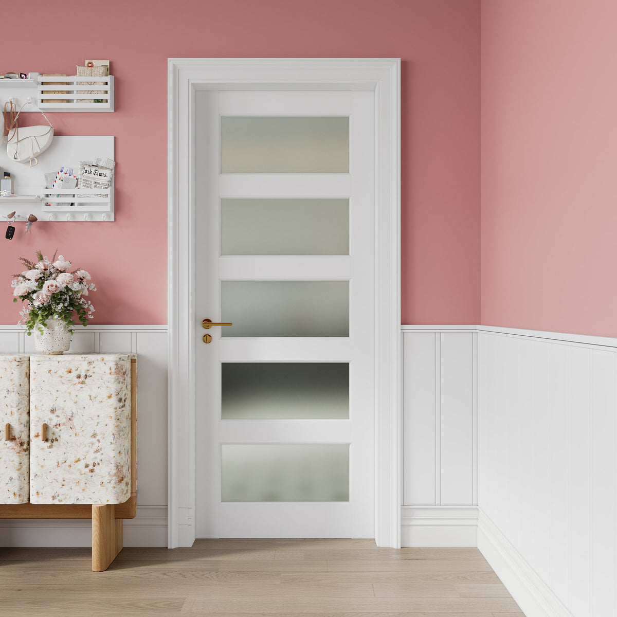 24" X 80"5-Lite Preassembled Frosted Glass French Door, for Closet Pantry Bedroom Livingroom Study Office, kitchen Barn Doors-Shaker w/o Hardware,Whit
