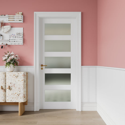 24" X 80"5-Lite Preassembled Frosted Glass French Door, for Closet Pantry Bedroom Livingroom Study Office, kitchen Barn Doors-Shaker w/o Hardware,Whit