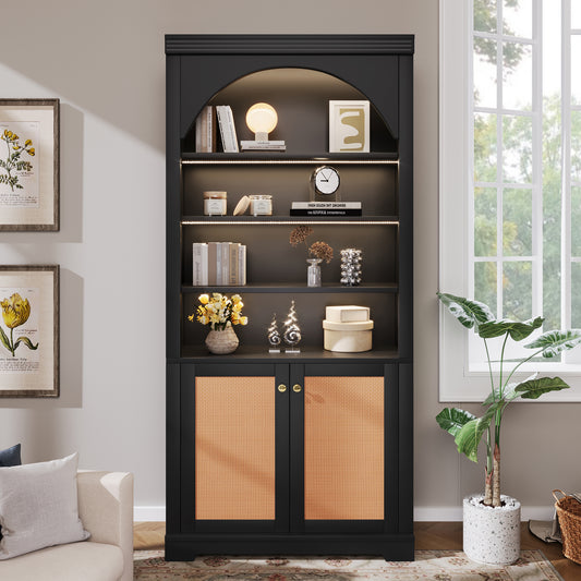 Tall Bookshelf with 4-layer LED Lightings,Modern Bookcase with Rattan Doors and Open Adjustable Shelves,Storage Bookshelf for Living Room,Home Office,Black