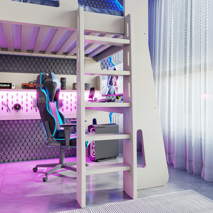 Twin/Full Size Gaming Loft Bed, All-in-One Gaming Bed with Desk, Gaming Bed with Storage, Gaming Loft Bed with Led Light, Esports Style Loft Bed Frame for Teens, Space Saving Loft bed.Beige