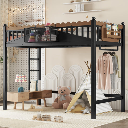 Twin XL Size Loft Bed with Ladders, Metal Loft Bed with Storage Shelves and bookshelf, No Box Spring Needed and Chic Design, Black