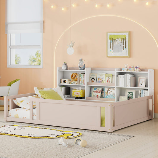 Full Size Wooden Platform Floor Bed with Guardrail Fence and Convenient Side Storage Shelves, Space-Saving Kids Bed Frame,Nude and White