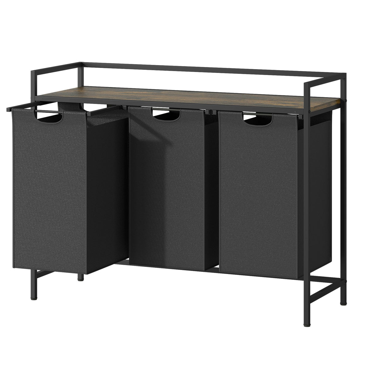 Laundry Hamper with Shelf, 3-Bin Laundry Sorter with Wood Top, Double Hamper with Removable Fabric Bags, Metal Frame, Freestanding Clothes Organizer for Bedroom, Bathroom, or Laundry Room