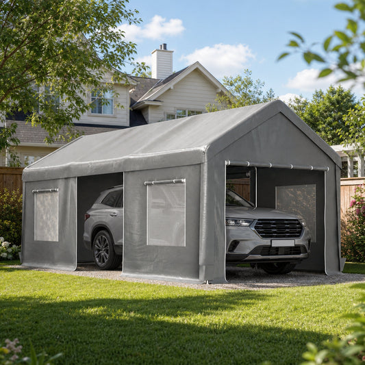 10x20 FT Heavy Duty Carport Canopy, Outdoor Garage with Roll-Up Doors & Mesh Windows, Galvanized Steel Frame, Waterproof UV Protection – For Car, SUV, Party, Market, Storage