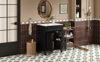 Modern Black Bathroom Vanity with Ceramic Sink, 24" Compact Cabinet with 2 Drawers and Adjustable Shelf