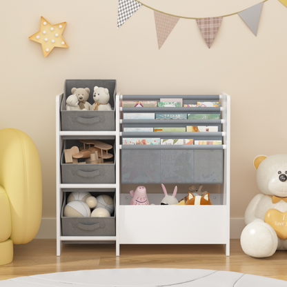 Kids Bookshelf and Toy Storage Organizer, Multifunctional 4 Tier Kids Book Shelf with 3 Collapsible Fabric Drawers