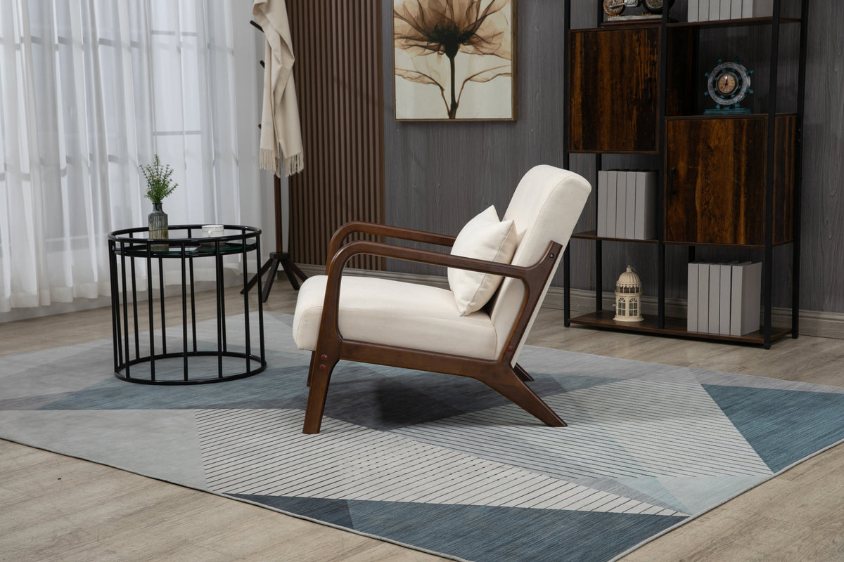 Mid Century Modern Accent Chair with Wood Frame, Upholstered Living Room Chairs with Waist Cushion, Reading Armchair for Bedroom Sunroom – Antique White