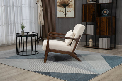 Mid Century Modern Accent Chair with Wood Frame, Upholstered Living Room Chairs with Waist Cushion, Reading Armchair for Bedroom Sunroom – Antique White