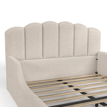 Queen Teddy Fabric Upholstered Floor bed, Stylish Upholstered Kids bed, Low Profile Children Bed Frame, Soft Plush Upholstered Floor bed for Kids &Teens.Beige